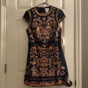 Navy dress with colorful pattern. Foxiedox brand